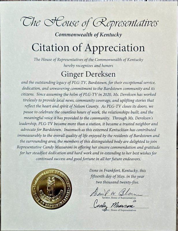 Kentucky House of Representatives Citation of Appreciation for Ginger Dereksen
