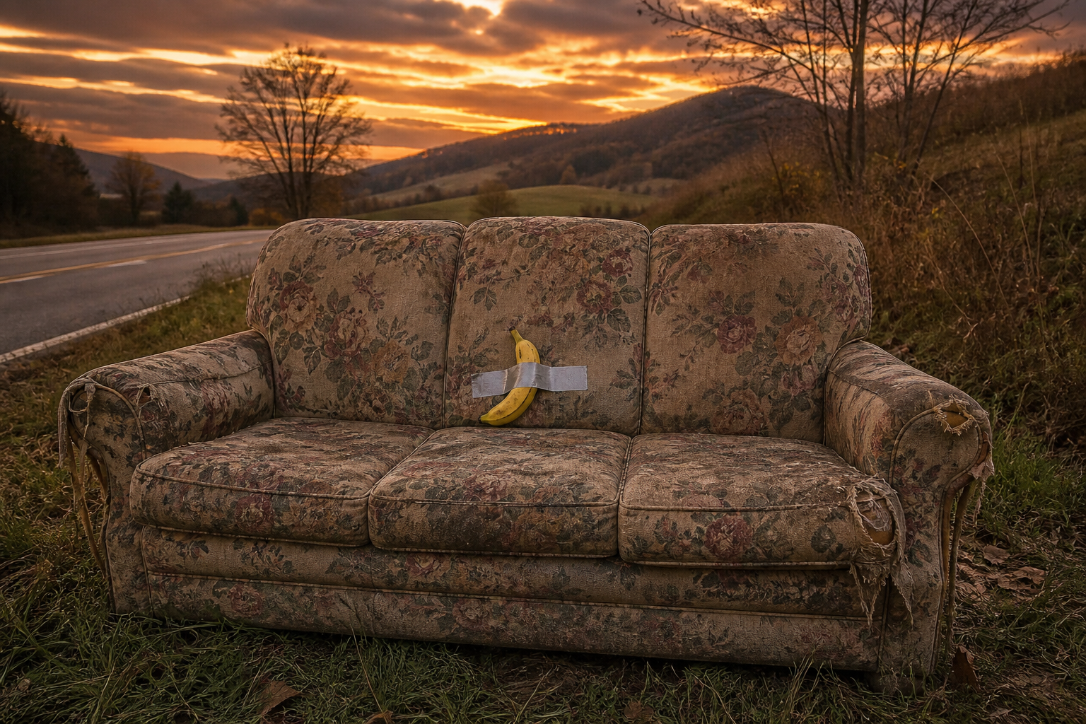 Couch with banana taped to it